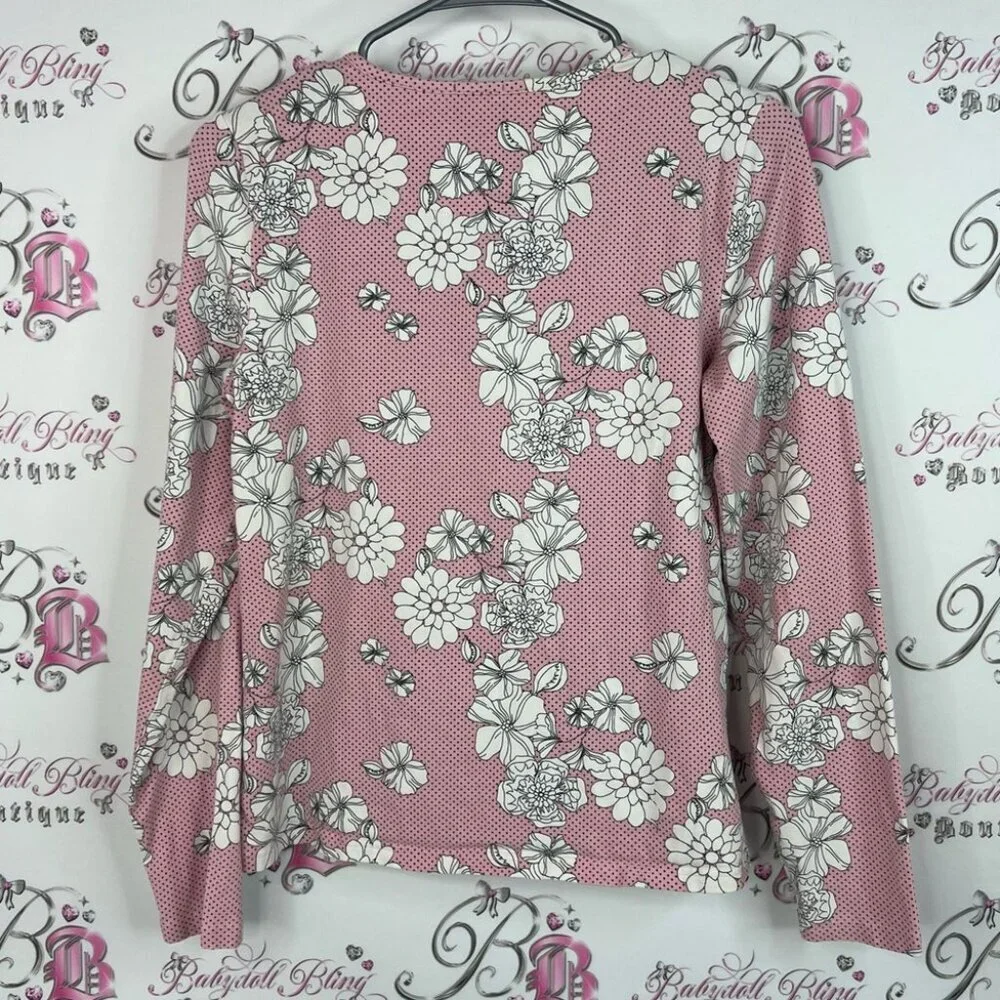 Izod long sleeve lace look flowers white black Pink Floral Sweatshirt